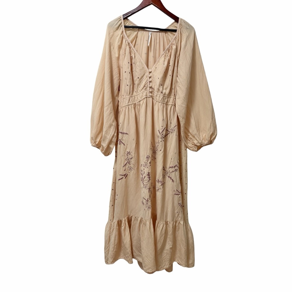 Anthropologie Linen Blend Embroidered‎ Smocked Maxi Dress Size XL Cream Bohemian